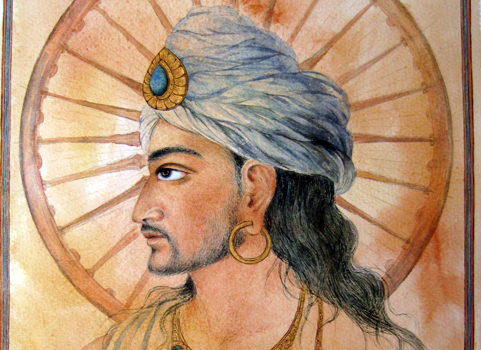 A watercolor painting of a regal indian man wearing a white turban with a jewel and gold hoop earrings.